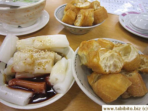 Delicious side dishes.  Cruller HK$9/US$1.2, rice rolls HK$13/US$1.7