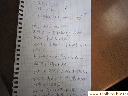 Our reliable cat carer left us a welcome home note and report as usual